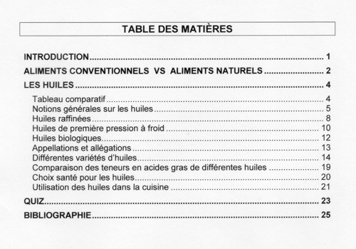 Les huiles - Table des mati�res